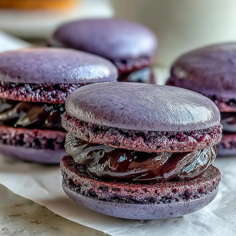 Colorful blackcurrant macarons with smooth, glossy shells and a tangy fruit filling, ideal for special celebrations.  