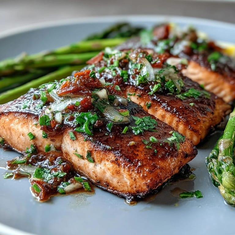 Succulent salmon and tender asparagus are bathed in a savory garlic butter sauce, creating an elegant and healthy main course.