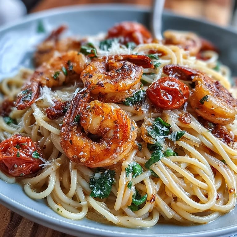 Creamy one-pot garlic shrimp with angel hair pasta, tender zucchini, snap peas, and spinach, garnished with parsley and Parmesan.