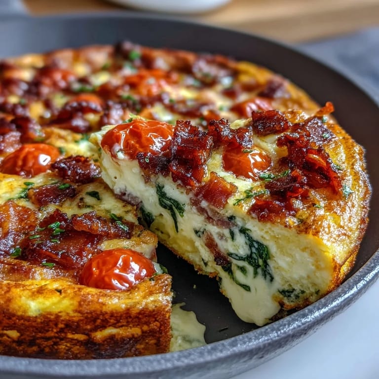 One-Pan Ham and Cheese Frittata loaded with melty cheddar, savory ham, and juicy cherry tomatoes, perfect for a hearty breakfast.