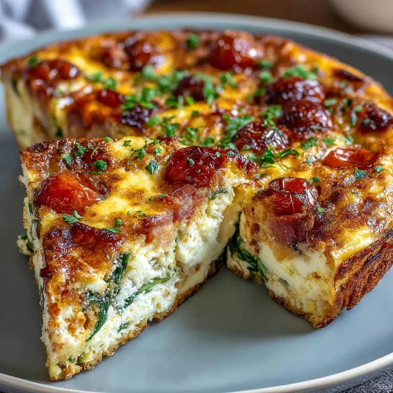 Fluffy baked egg frittata with golden edges, packed with ham, cheese, and vibrant vegetables, ready to slice and serve.