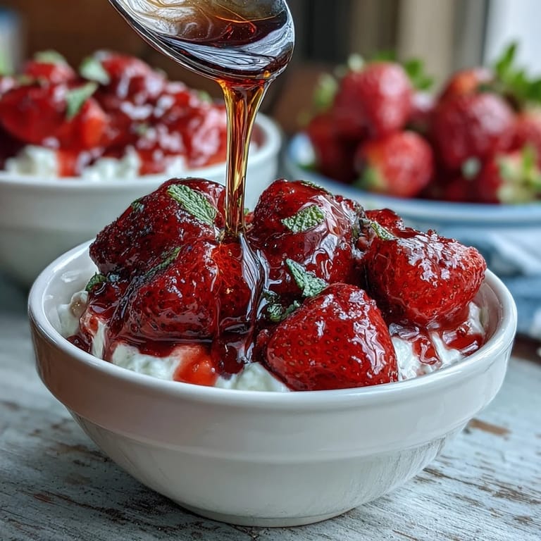 Vibrant strawberry compote spooned onto Greek yogurt, topped with nuts and a honey drizzle.  