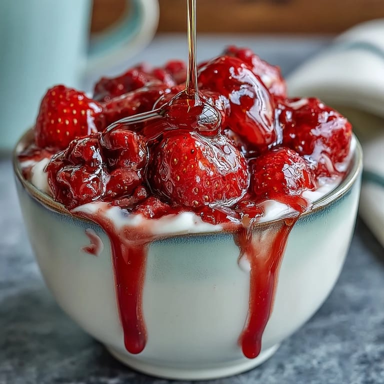 Homemade strawberry compote served over Greek yogurt with nuts, honey, and fresh mint garnish.