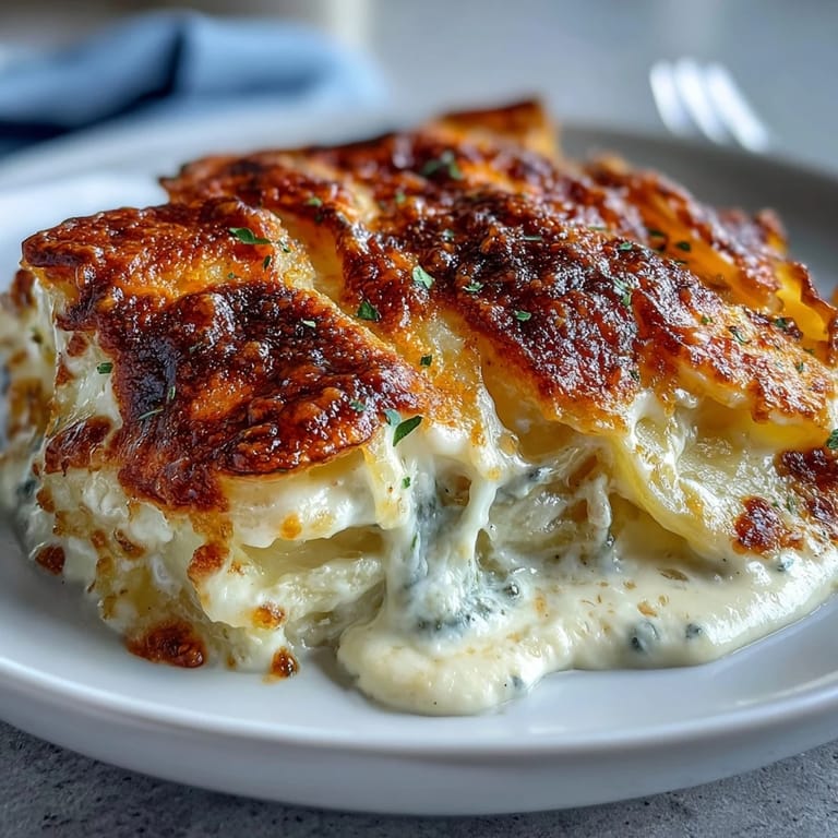 Decadent Au Gratin Potatoes with tender Yukon Gold slices in creamy garlic sauce, topped with golden, melted cheese and fresh herbs.