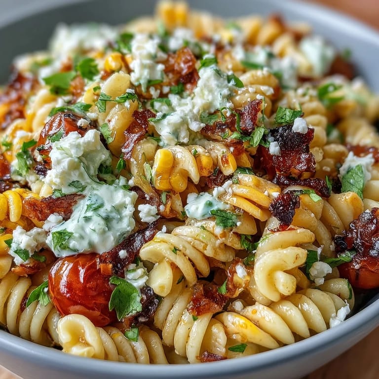 Creamy pasta salad inspired by Mexican street corn, featuring tender fusilli, smoky paprika, and fresh cilantro in a tangy sauce.