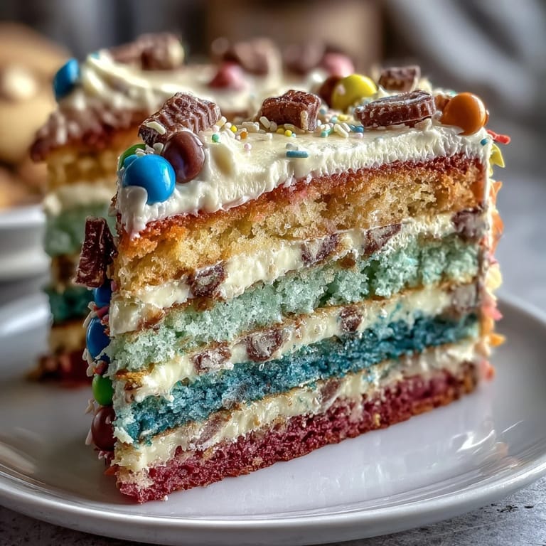 Colorful rainbow piñata cake reveals hidden candy center when sliced, ideal for Cinco de Mayo parties and birthdays.