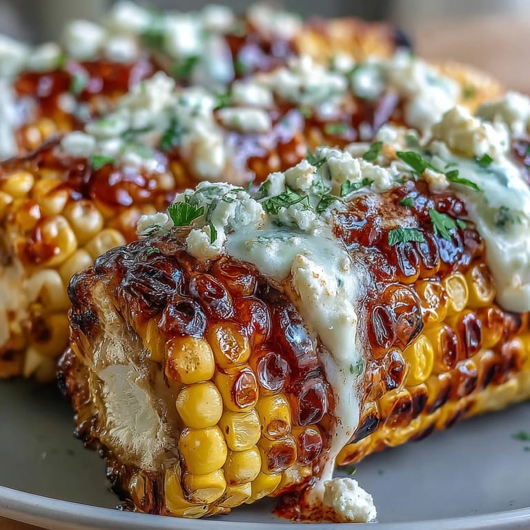 Sweet and smoky grilled corn elote style, slathered in rich, zesty sauce, topped with crumbled cheese and fresh cilantro.