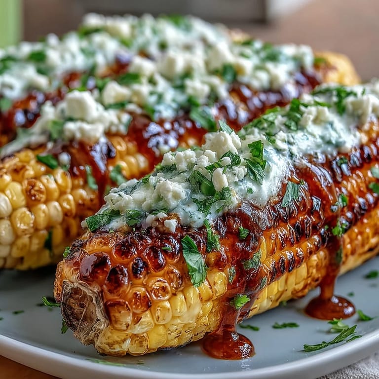 Mexican street corn elote style—grilled to perfection, coated in creamy sauce, and garnished with chili, cheese, and lime.