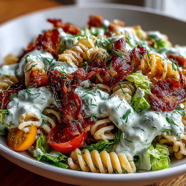 Fresh BLT Pasta with Avocado Ranch Dressing, a picnic-perfect summer salad with crunchy bacon, ripe cherry tomatoes, and cool romaine.  