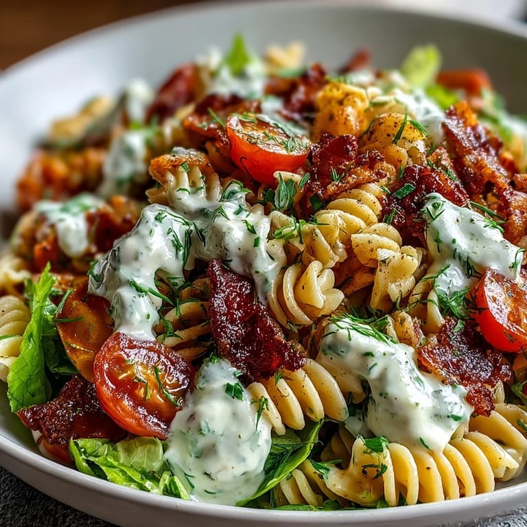 BLT Pasta with Avocado Ranch, a colorful dish featuring smoky bacon, bright veggies, and a velvety avocado-herb dressing.