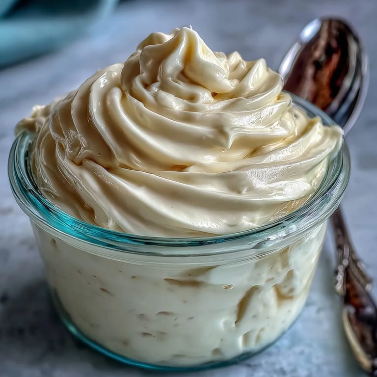 Smooth, rich homemade mayonnaise blending in a glass container, perfect for salads, sandwiches, and creamy sauces.