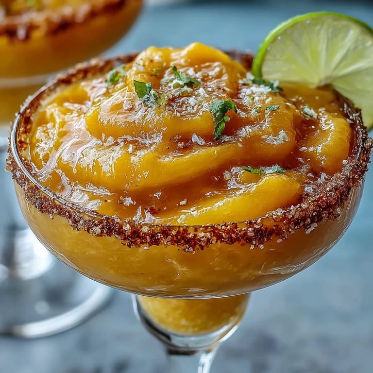 Creamy frozen mango margarita mocktail blended smooth, garnished with lime and mango slices for a tropical vibe.