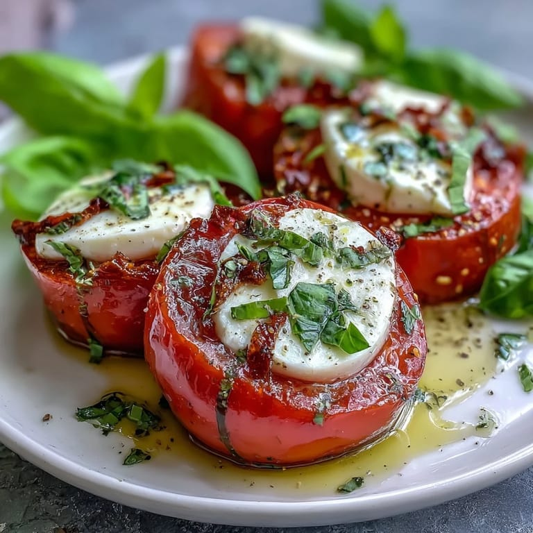 Vibrant Caprese Salad with Basil Oil Drizzle: Colorful layers of ripe tomatoes, creamy mozzarella, and fresh basil, finished with a homemade basil oil infusion.