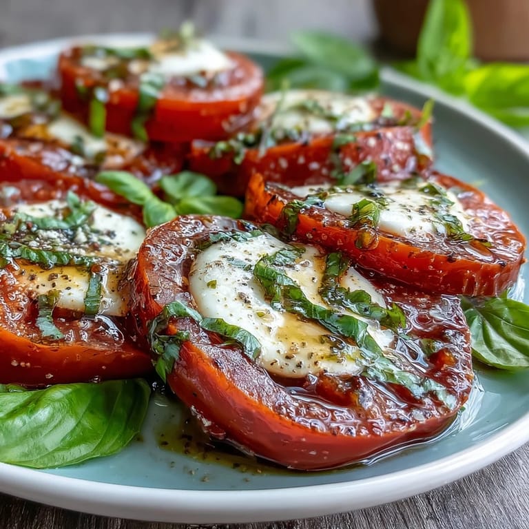 Classic Caprese Salad with Basil Oil Drizzle: Juicy heirloom tomatoes and soft mozzarella topped with aromatic basil oil, ideal for a refreshing vegetarian side dish.