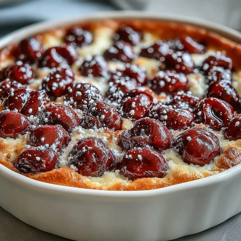 Juicy cherries baked in a rustic Fresh Cherry Clafoutis dessert, dusted powdered sugar.