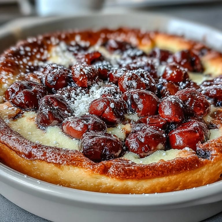 Elegant Fresh Cherry Clafoutis, a tender custard with sweet summer cherries.