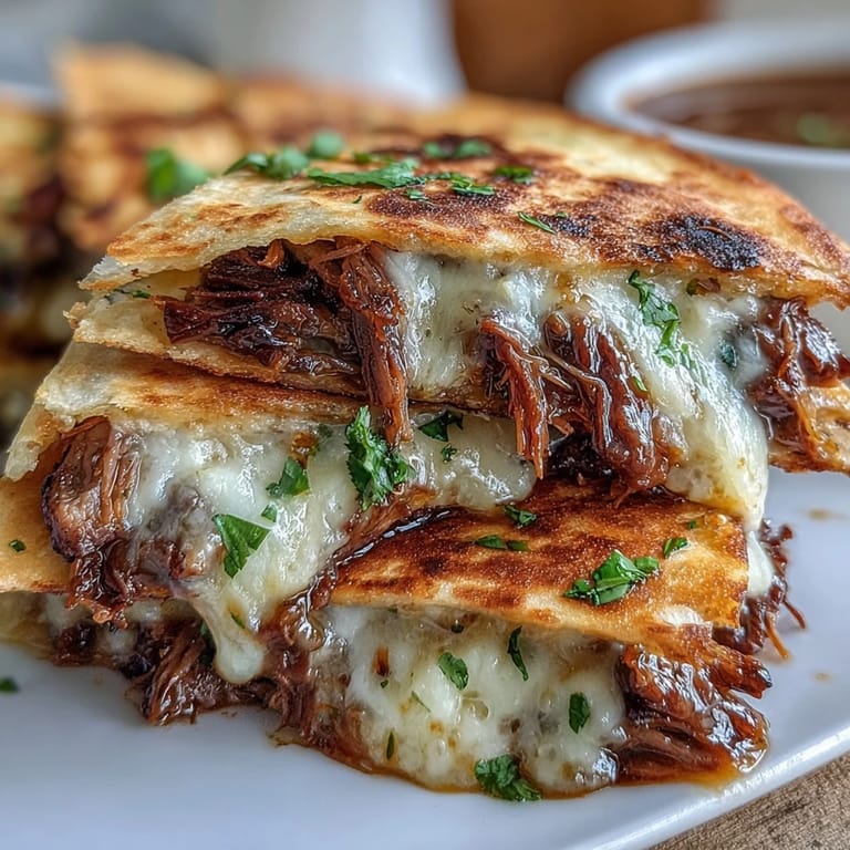 Cheesy, shredded beef Birria Quesadillas ready for dipping in savory broth.