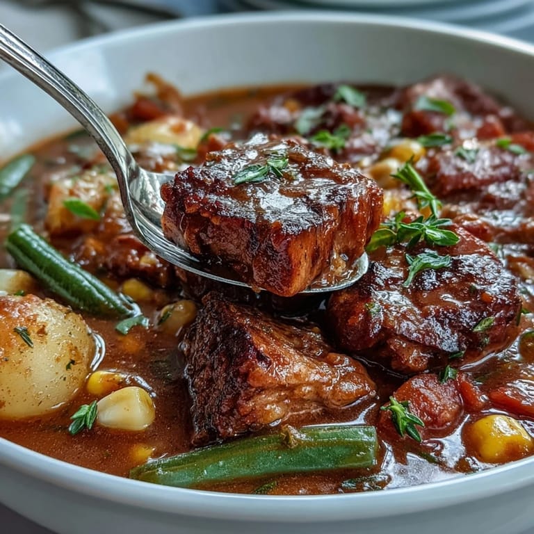 Savory Kentucky Derby Burgoo Stew slow-simmered with rich beef, pork, and chicken in a rustic bowl.