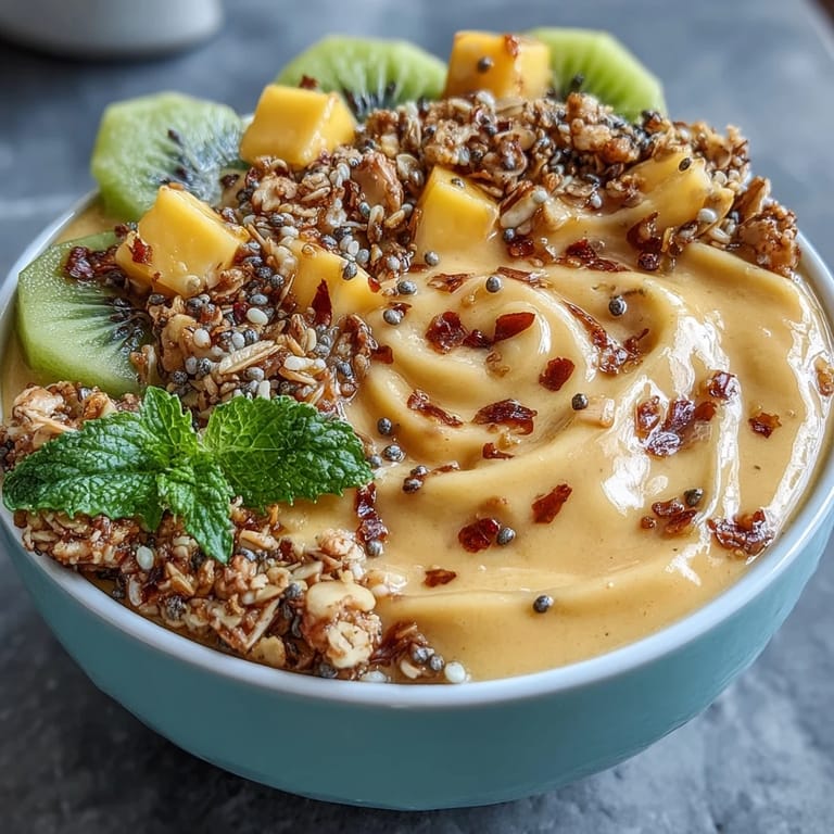Beautifully presented mango chili lime smoothie bowl, bursting with tropical flavors.