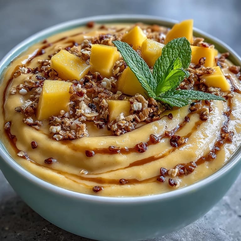 Close-up of a refreshing mango chili lime smoothie bowl, ready to be enjoyed.