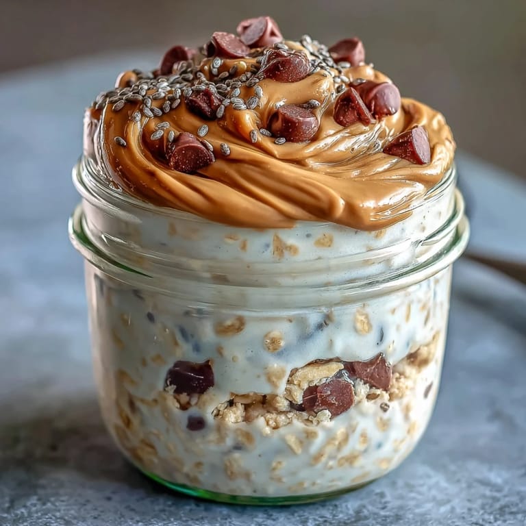 Enjoy rich protein cookie dough overnight oats with nuts and chocolate, delicious!