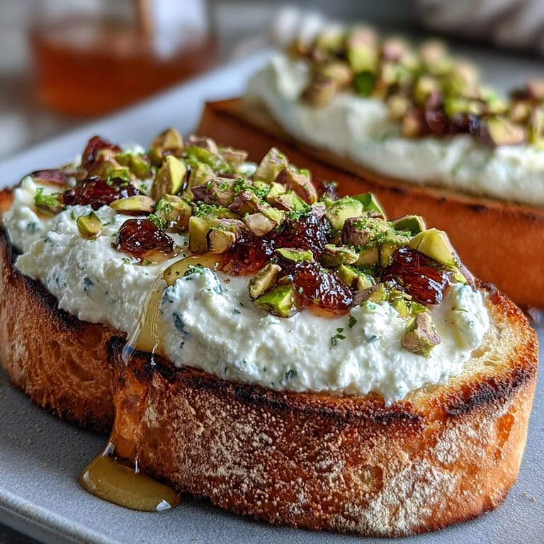 Artisanal whipped ricotta toast with golden honey and vibrant green pistachio pieces.