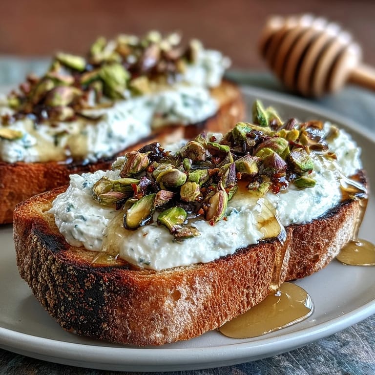 Delicious whipped ricotta toast, drizzled with honey and topped with crunchy pistachios.