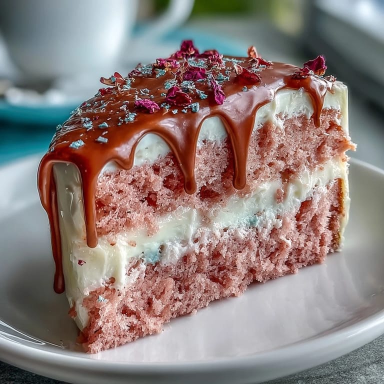 Moist rosé-infused velvet cake, perfect for celebrations, with a glossy gold drip.
