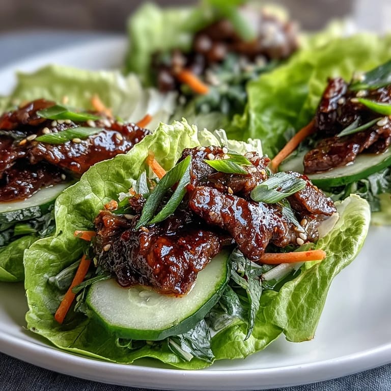 Tender caramelized Korean BBQ beef wraps served with crunchy kimchi and cooling cucumber.