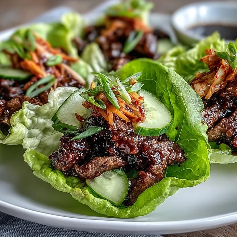 Crisp lettuce cups filled with savory Korean BBQ beef, topped generously with kimchi.