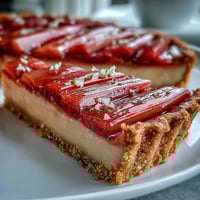 Perfectly roasted rhubarb batons glisten over the creamy white chocolate and elderflower tart filling in this elegant dessert.