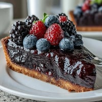A close-up of the Black Currant Fruit Tart, highlighting the glossy, deep purple curd filling the crisp, golden-brown pastry shell.