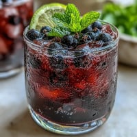 A close-up of Black Currant It Berry Celebration Drink in a sparkling glass, garnished with fresh mint and berries.