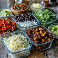 Brightly layered meal prep burrito bowl base with fluffy rice, black beans, and grilled chicken ready for fresh toppings.