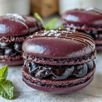 A tray of delicate French macarons filled with vibrant blackcurrant ganache, perfect for elegant dessert displays.  