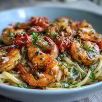 A vibrant one-pot garlic shrimp pasta with angel hair, fresh vegetables, and zesty lemon sauce, served in a skillet.