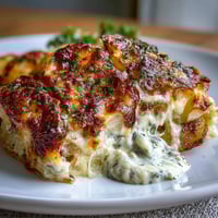 Creamy Au Gratin Potatoes: golden, bubbly layers of potatoes baked in rich cream sauce with melted Gruyère and Parmesan cheese.