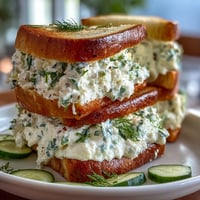 Elegant cucumber and cream cheese Benedictine tea sandwiches on white bread, garnished with fresh dill and chives for a Southern Kentucky Derby classic.