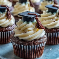 Moist vanilla cupcakes topped with buttercream frosting and fondant graduation caps, perfect for celebrating academic milestones.