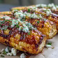 Grilled corn elote style features smoky charred kernels coated in creamy, tangy sauce with a sprinkle of cheese and chili.