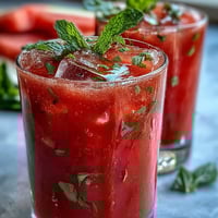 A tall glass of watermelon mint lemonade with ice, fresh mint leaves, and lemon slices, perfect for a summer picnic.
