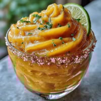 Frozen Mango Margarita Mocktail with lime and Tajín salt rim, served over crushed ice in a frosty glass.