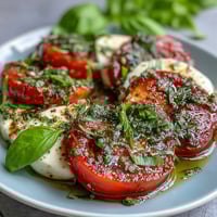 Caprese Salad with Basil Oil Drizzle: Fresh tomato and mozzarella slices drizzled with fragrant basil oil, perfect for a light summer appetizer.