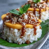 Creamy mango sticky rice cups, a vibrant Thai dessert, topped with sweet mango.