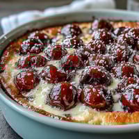 Golden Fresh Cherry Clafoutis puffed and baked with vanilla bean custard.