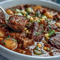 Hearty Kentucky Derby Burgoo Stew, thick with tender meats and vegetables, perfect for sharing.