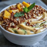 Vibrant mango chili lime smoothie bowl topped with fresh fruit and crunchy granola.