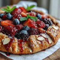 Rustic Summer Berry Galette with golden almond crust, bursting with fresh fruit.