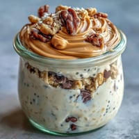 Decadent protein cookie dough overnight oats layered with chocolate chips, ready to eat.