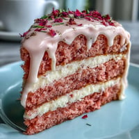 Elegant pink cake with shimmering rosé wine glaze and gold drip detail.